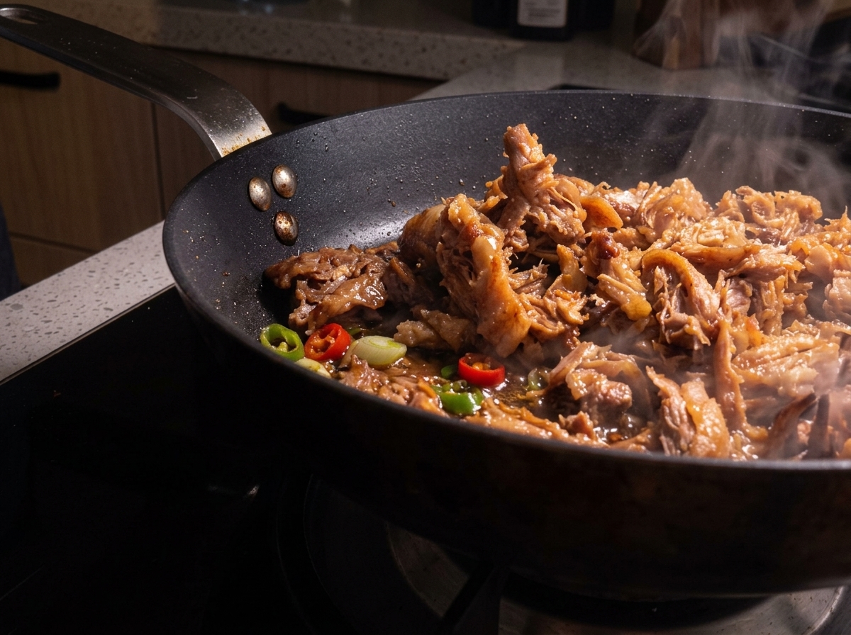 Shredded anchovies being stir-fried in a pan with caramelized onions and chili slices.