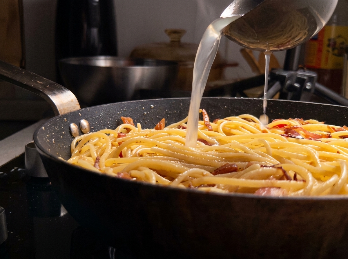 A ladle pouring hot, starchy pasta water over cooked spaghetti in a pan to create the sauce.