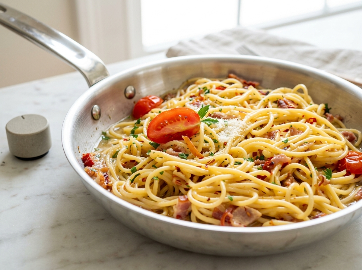 Pasta being tossed with cherry tomato slices and sauce in a pan.
