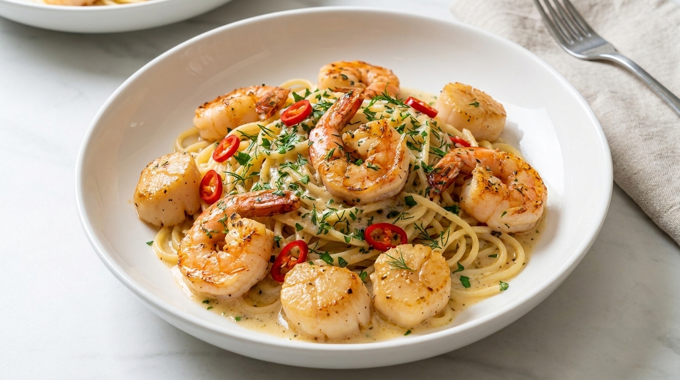 Creamy Garlic Seafood Pasta with Scallops and Shrimp