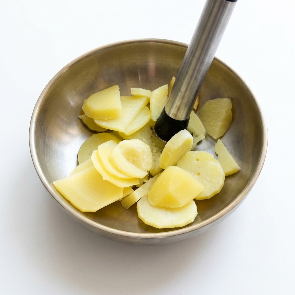 Cooked potato slices being thoroughly mashed into a smooth puree in a metal bowl.