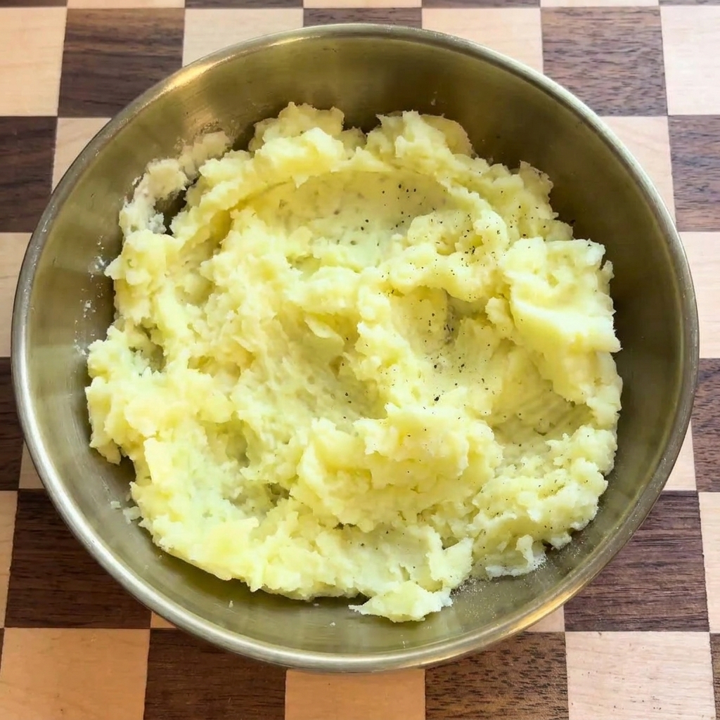 Freshly cracked black pepper being added to the bowl of smooth mashed potatoes.
