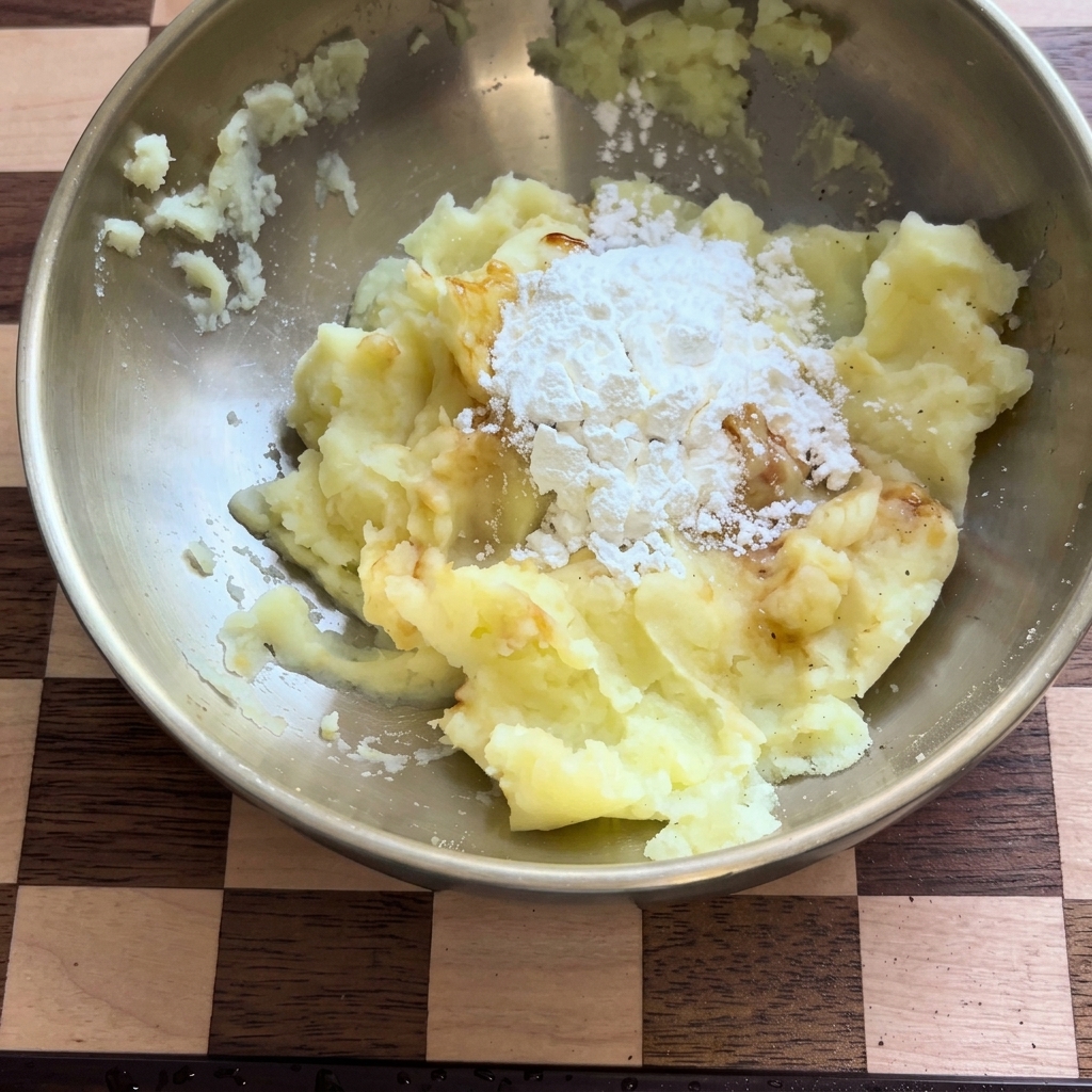 Potato starch being poured into the bowl of seasoned mashed potatoes.