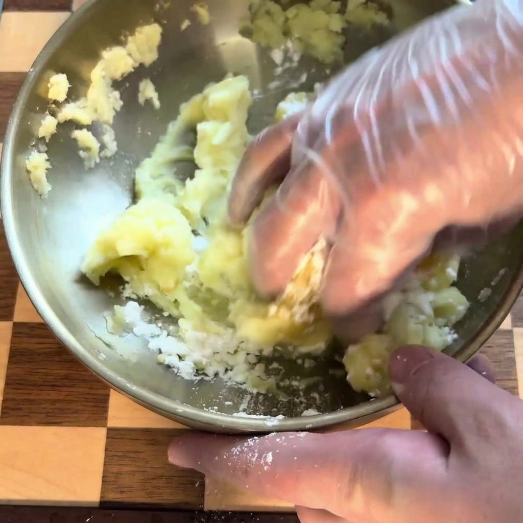 Hands wearing gloves kneading the potato mixture in a bowl to form a smooth dough.