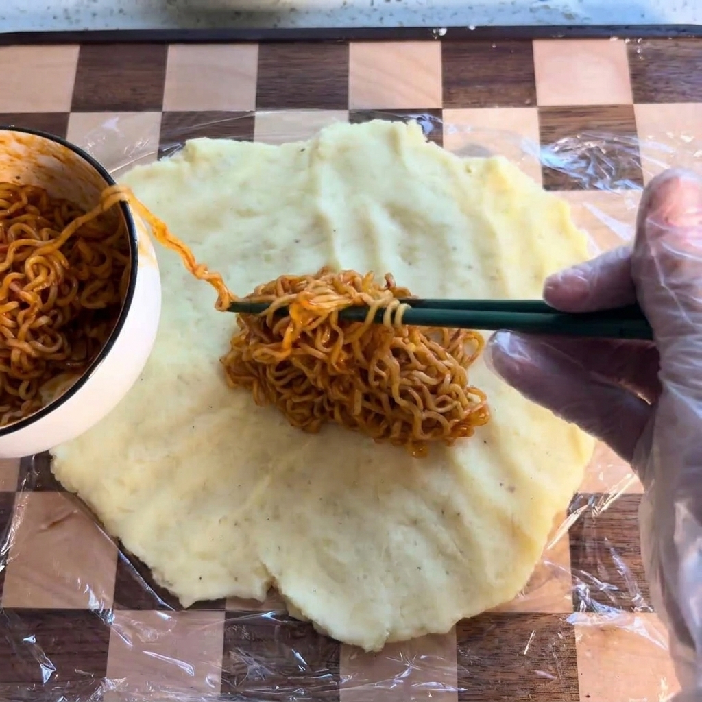 A hand using chopsticks to position a nest of saucy spicy ramen noodles onto the center of a flat potato patty.
