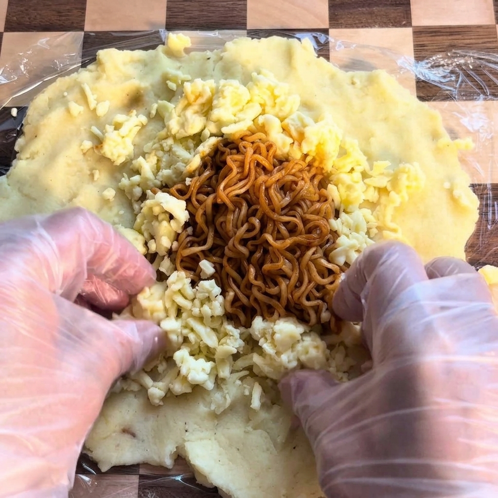 A close-up of shredded mozzarella cheese being arranged in a ring around a central pile of ramen noodles on a potato base.