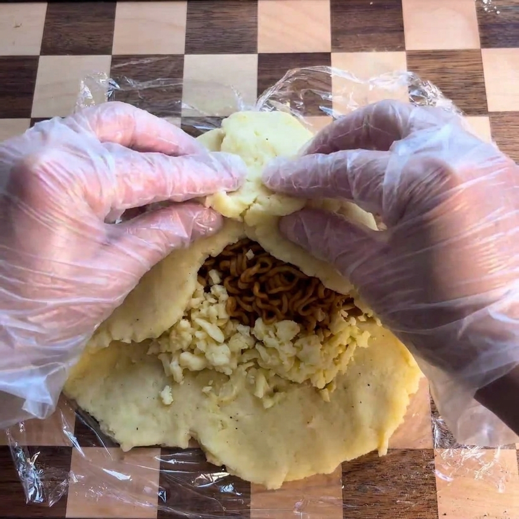 Hands folding the edges of a potato patty inward over a central filling of noodles and cheese.