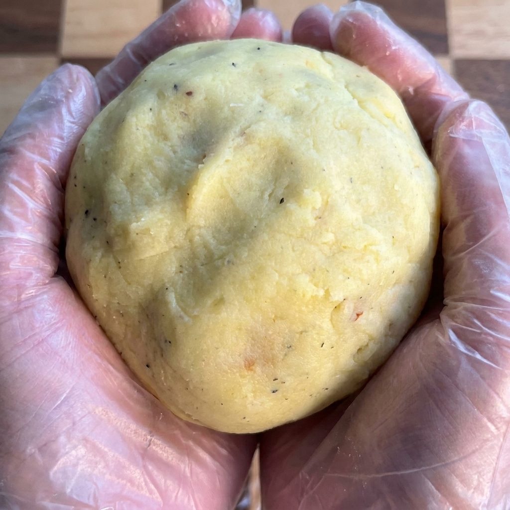 A large, smooth, golden-yellow potato ball being held between two hands wearing plastic gloves.