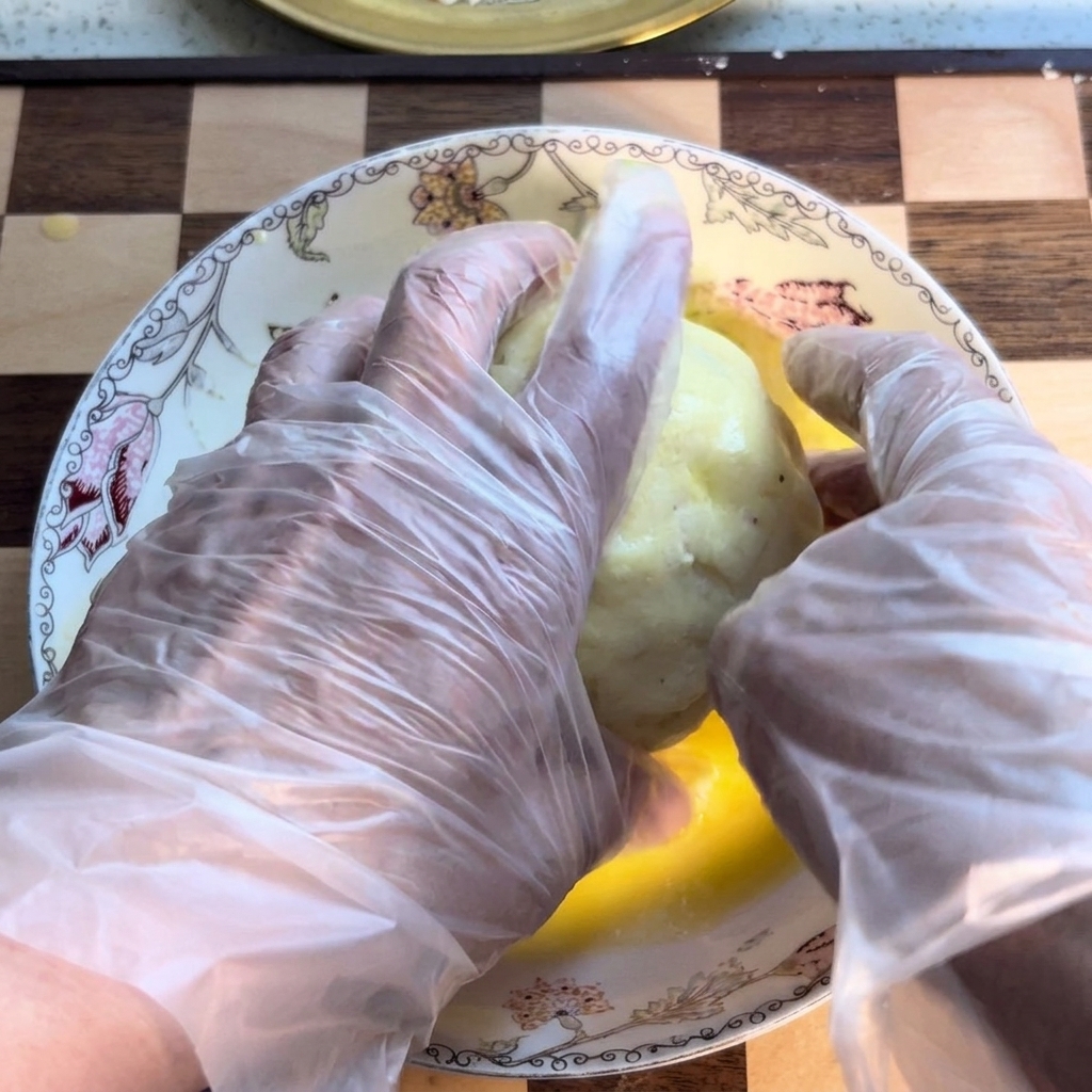 A potato ball being rolled in a bowl of white potato starch to create a thin outer coating.