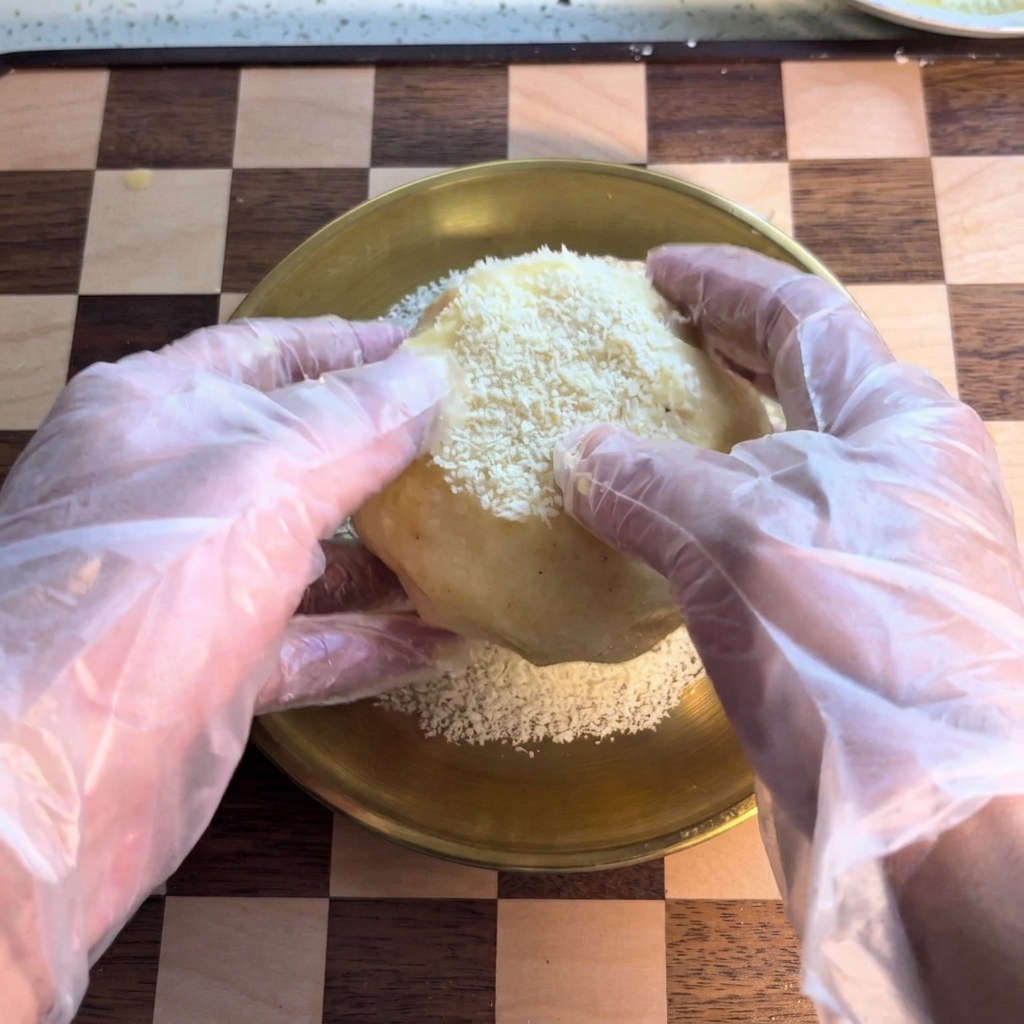 A hand rolling a moist potato ball in a bed of white panko breadcrumbs inside a golden bowl.