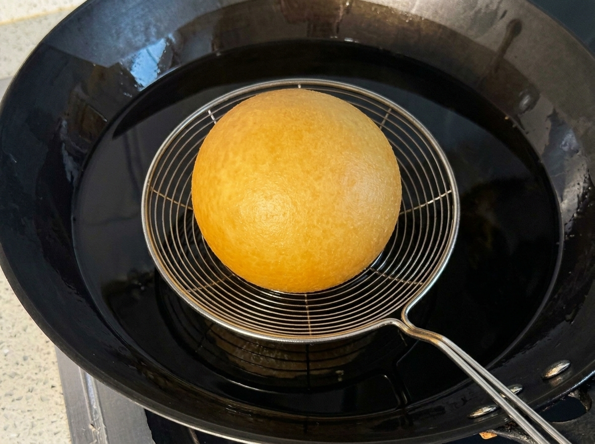 A golden-brown, crispy potato ball frying in a large black wok filled with shimmering hot oil.