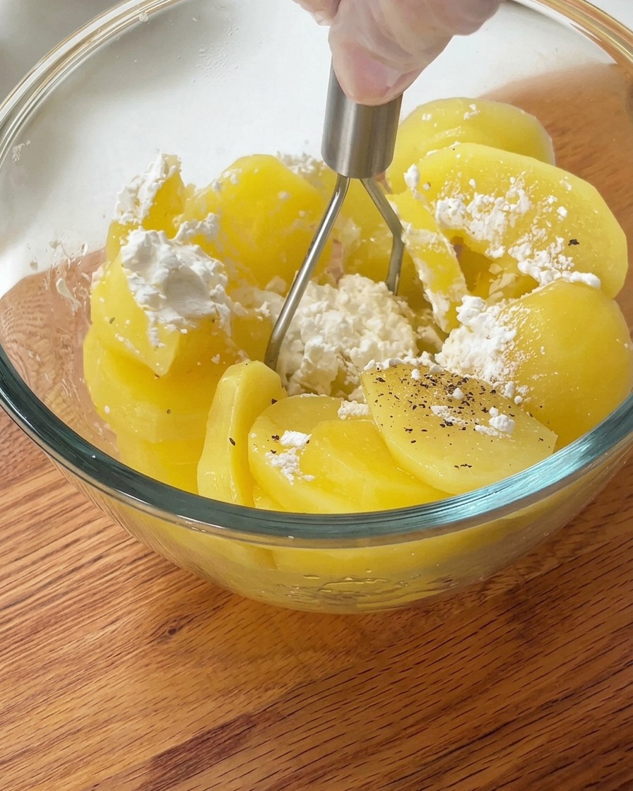 A metal masher pressing down on steamed potatoes inside a glass bowl.