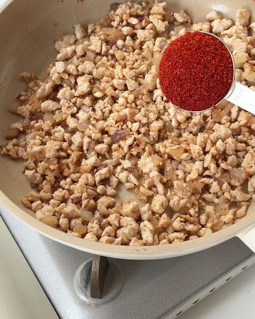 Minced chicken being stir-fried in a pan with added chili powder and tomato sauce.