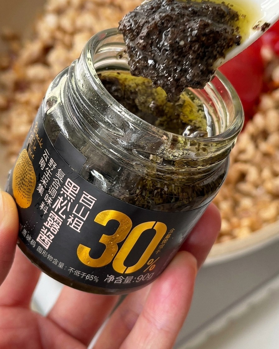 Adding a spoonful of rich black truffle sauce to the seasoned chicken in a pan.