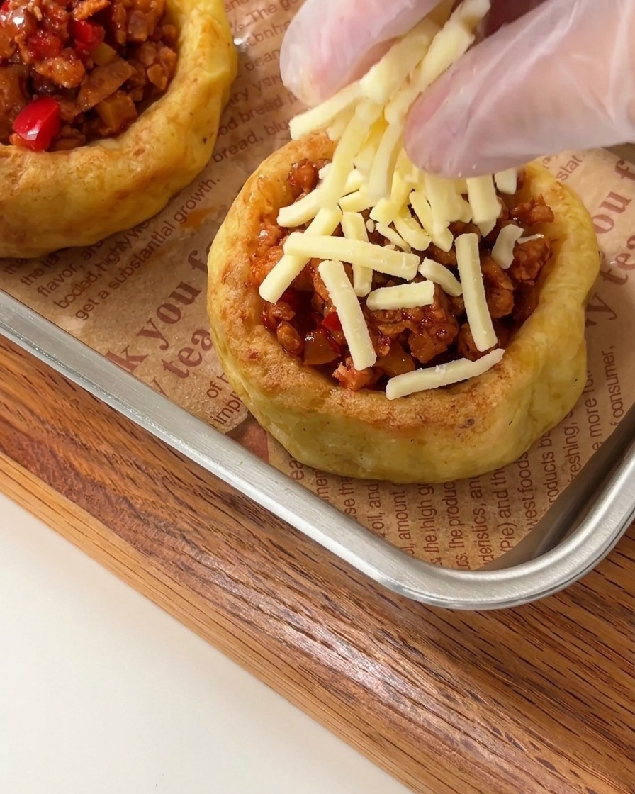 Hand in a glove sprinkling shredded cheese over the chicken-filled potato tarts on a tray.