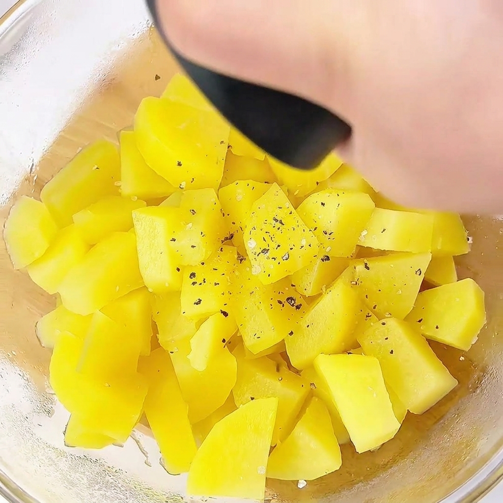 Steamed potatoes being mashed in a clear glass bowl with seasoning.