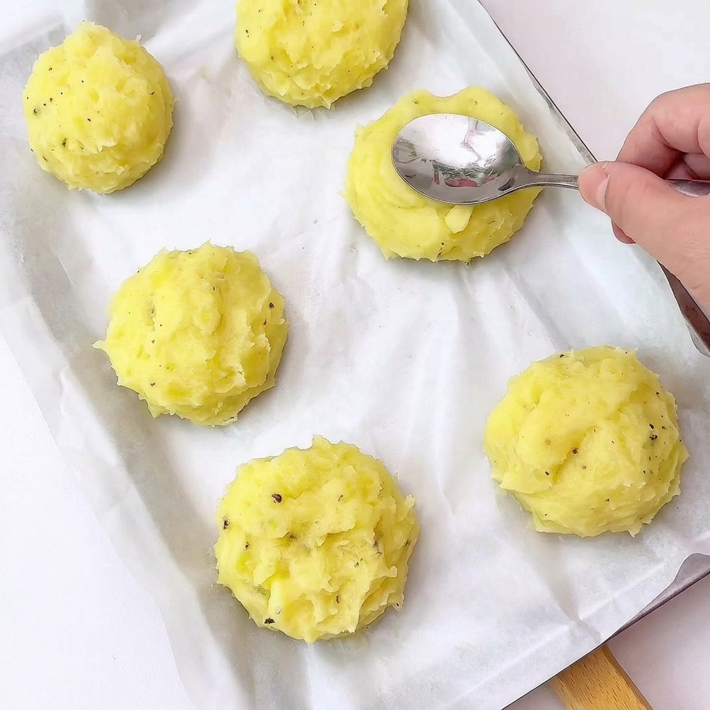 Mashed potato portions on a baking sheet being shaped into cups using a spoon.