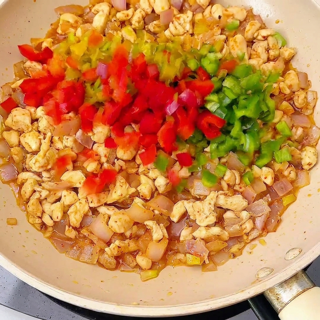 Colorful diced bell peppers and mushrooms being stirred into a pan of cooked chicken.