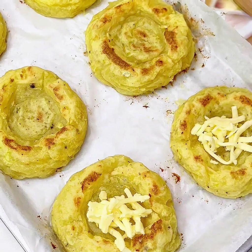 Empty pre-baked potato cups on a parchment-lined tray, with a small pile of shredded cheese in the center of two of them.