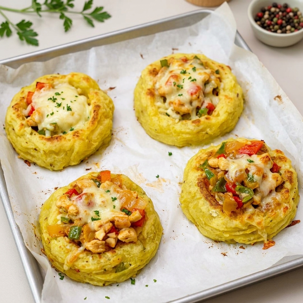 Close-up of spooning the chicken and vegetable mixture into the potato cups on a baking sheet.