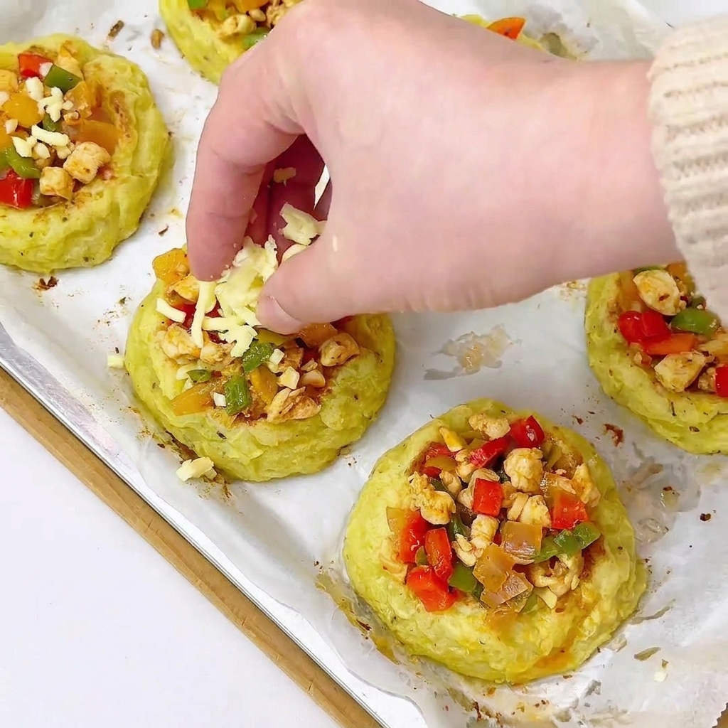 Hand adding shredded cheese as a final topping to the filled potato tarts on a baking sheet.