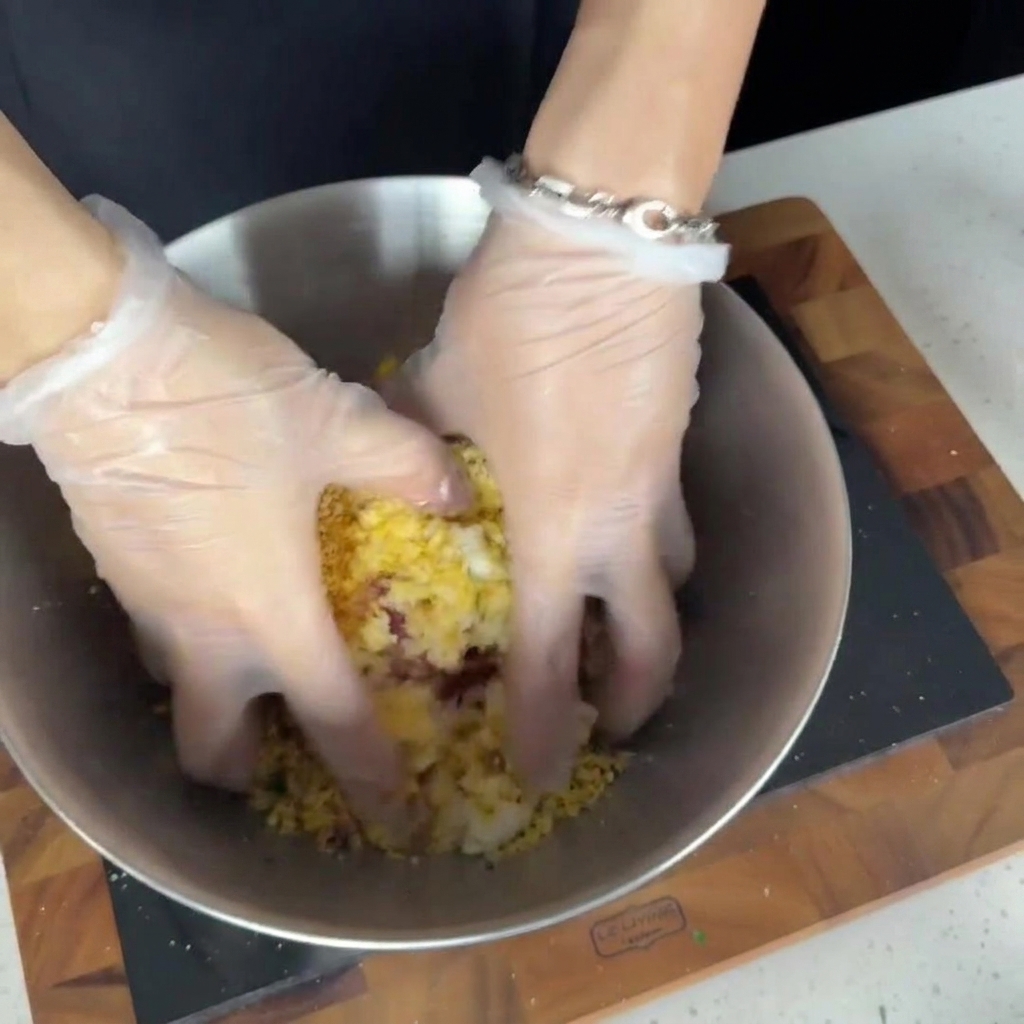 A mix of pork, rice, egg, and aromatics being combined in a metal bowl.