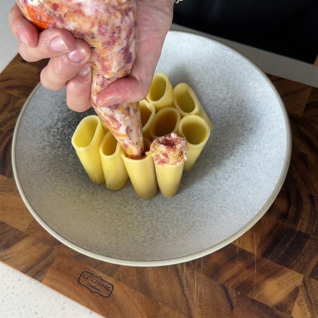 Meat filling being piped into a cooked rigatoni pasta tube.