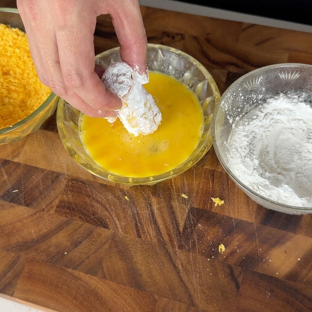 Stuffed pasta tube being dipped into egg wash as part of the breading process.