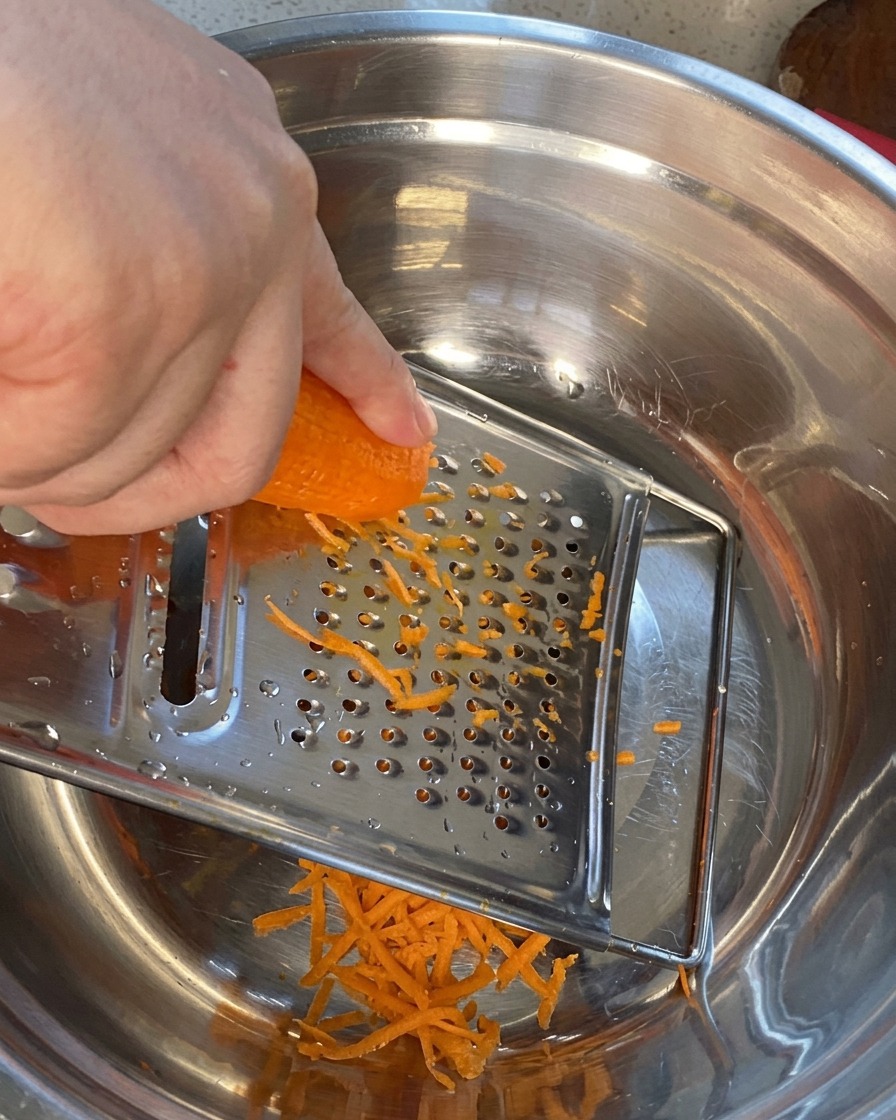 A close-up of a fresh carrot being grated into fine shreds over a metal bowl.