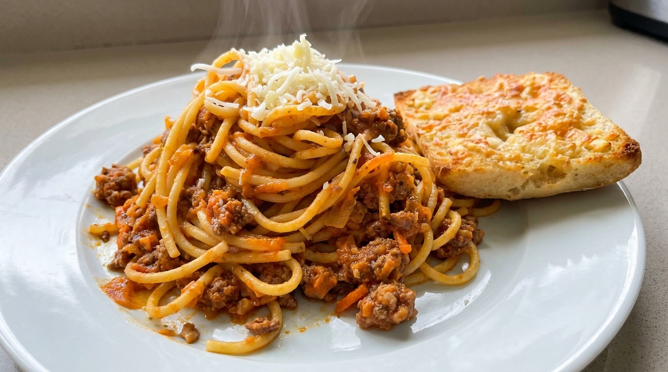 Bolognese Pasta with Cheesy Garlic Bread