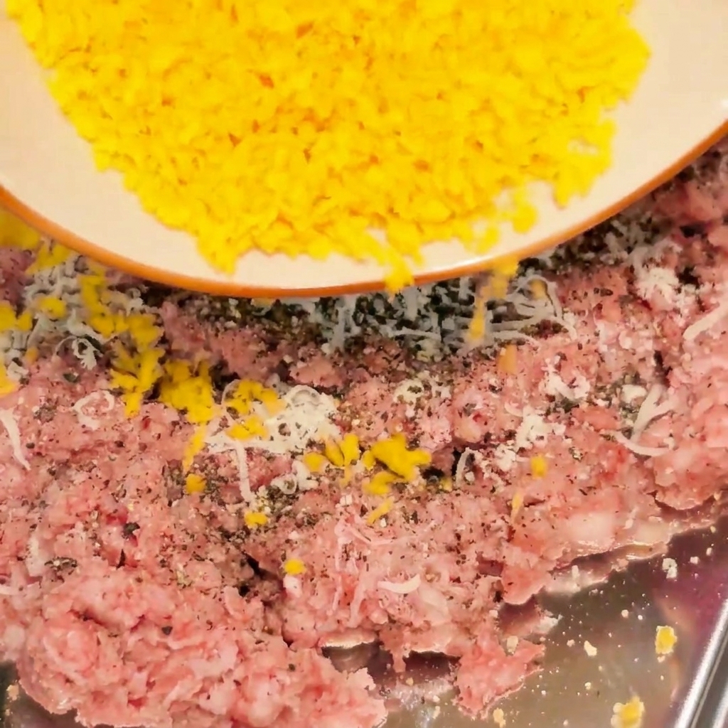 Yellow breadcrumbs being poured over raw ground meat.