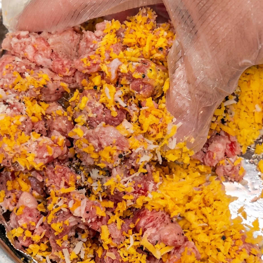 Hands mixing ground meat and breadcrumbs together in a bowl.
