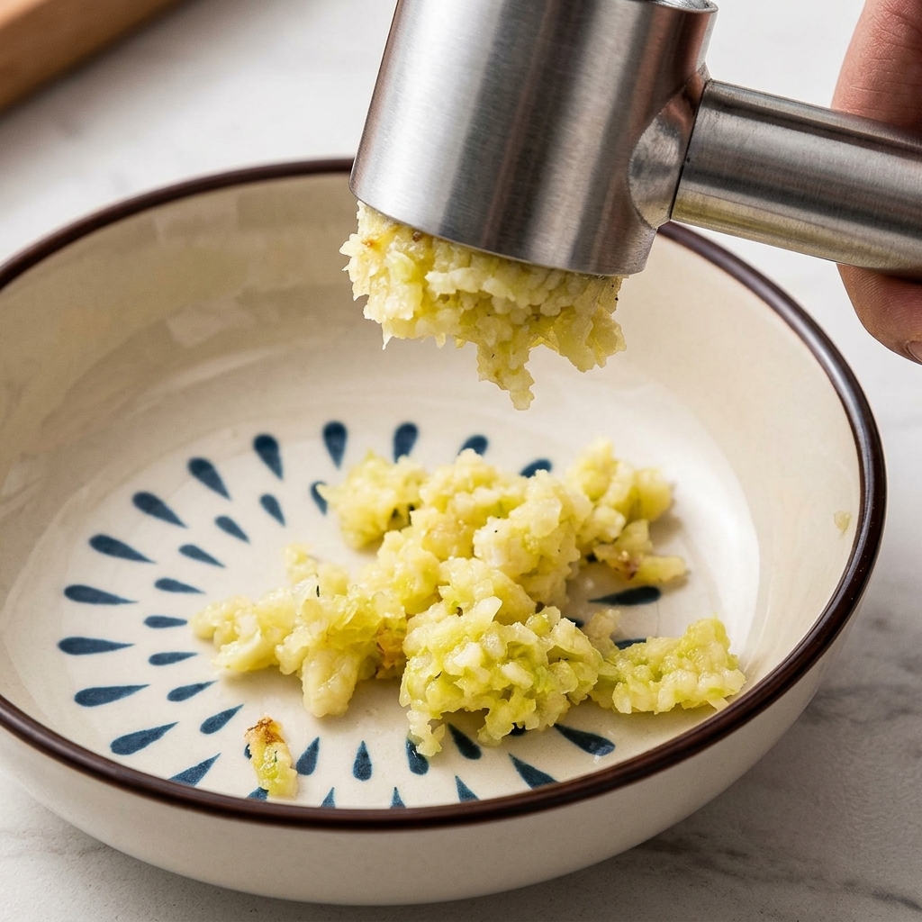Garlic clove being pressed through a metal garlic press into a small bowl.