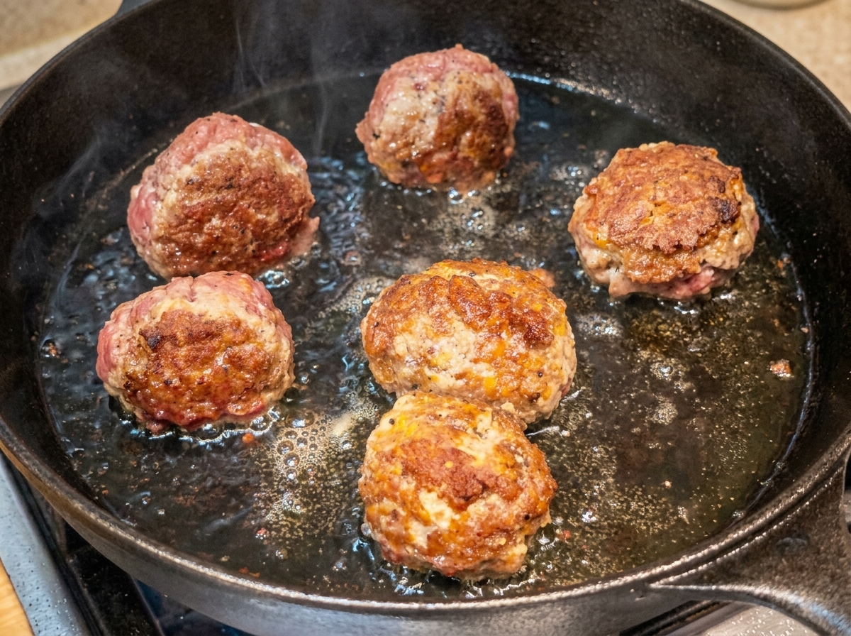 Large meatballs searing and browning in a hot cast iron skillet.