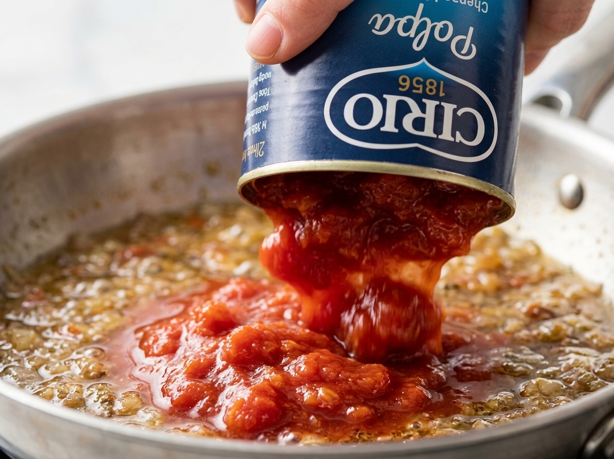 A can of crushed tomatoes being poured into a pan of simmering pan juices.