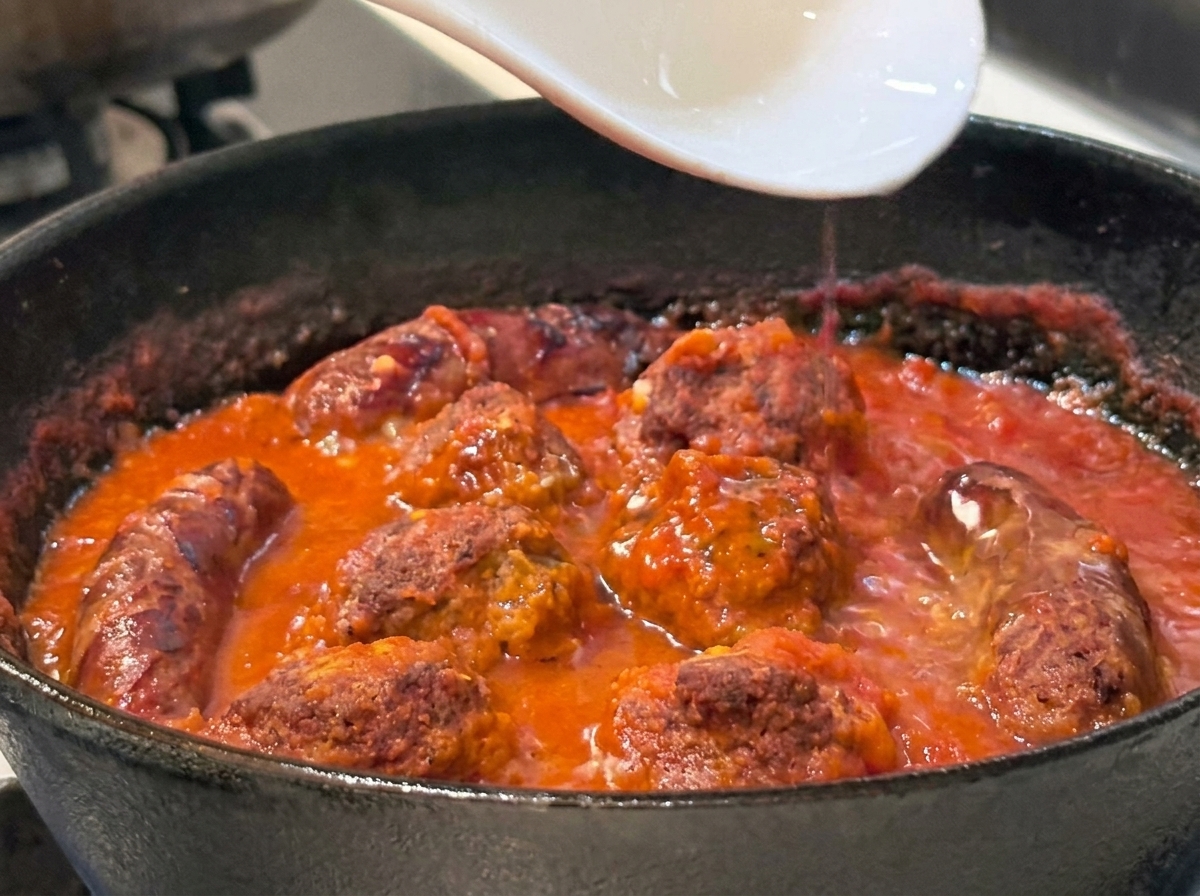 A white spoon pouring cloudy, starchy pasta water into a simmering pan of tomato-based meat sauce.