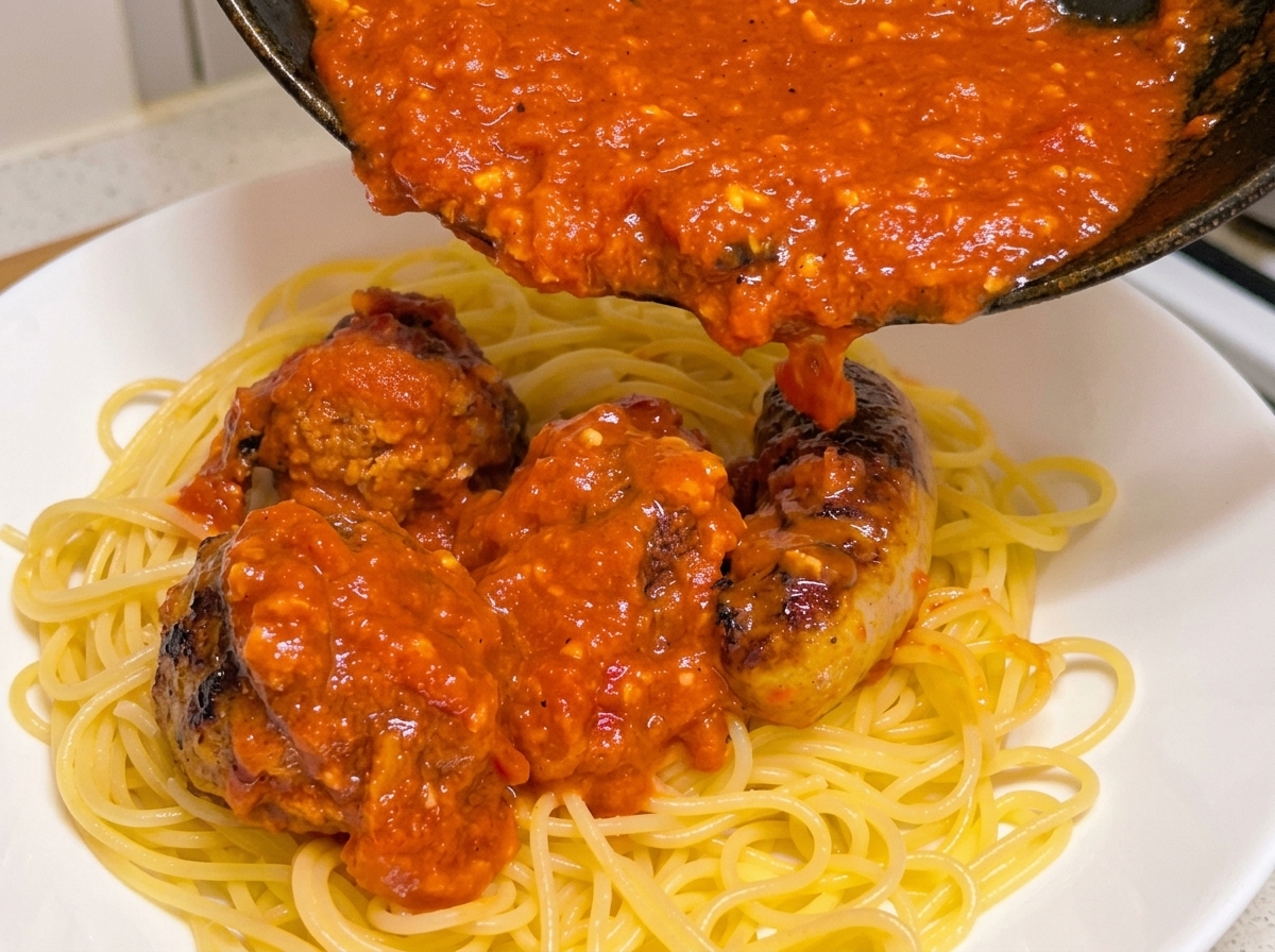 A pan full of tomato sauce, meatballs, and sausages being poured over a bed of cooked spaghetti in a white bowl.