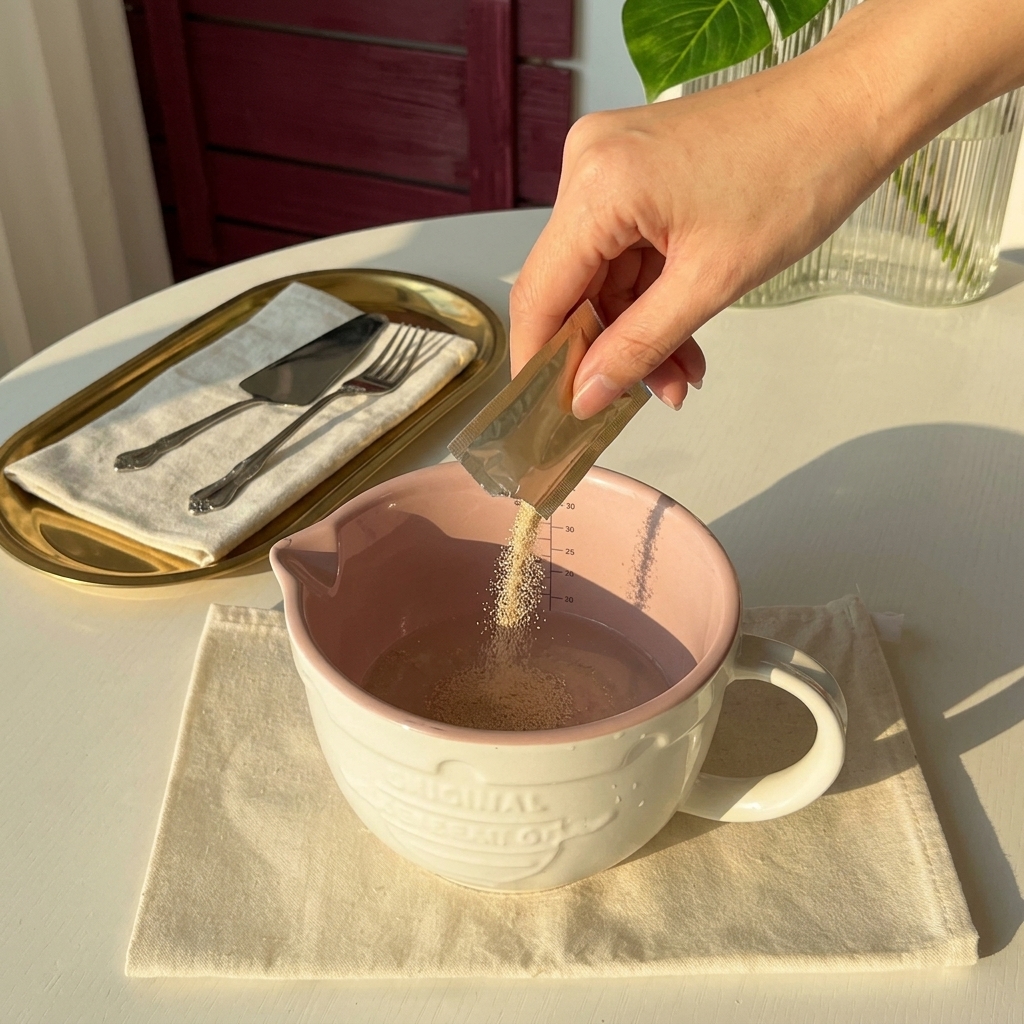Dry yeast being whisked into warm water in a small ceramic measuring bowl.