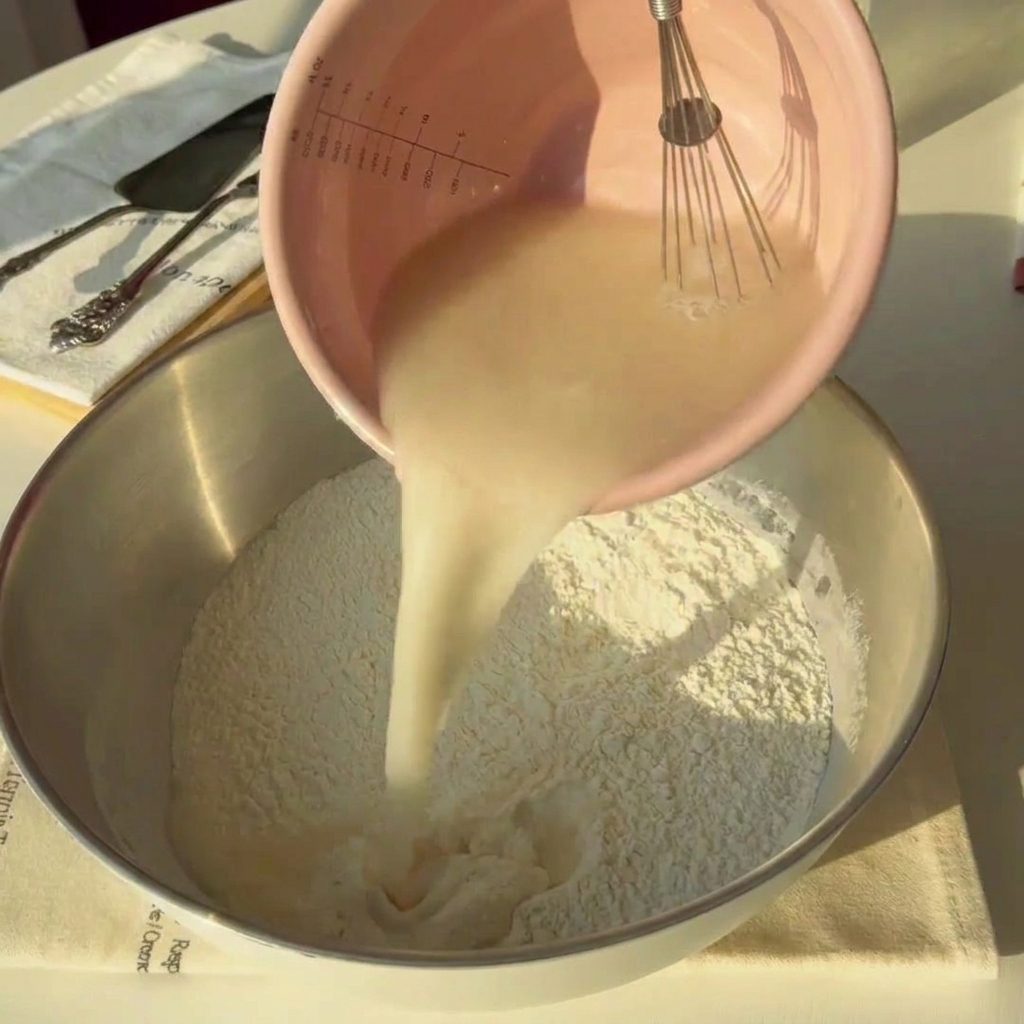 Yeast water mixture being poured into a large bowl of flour.