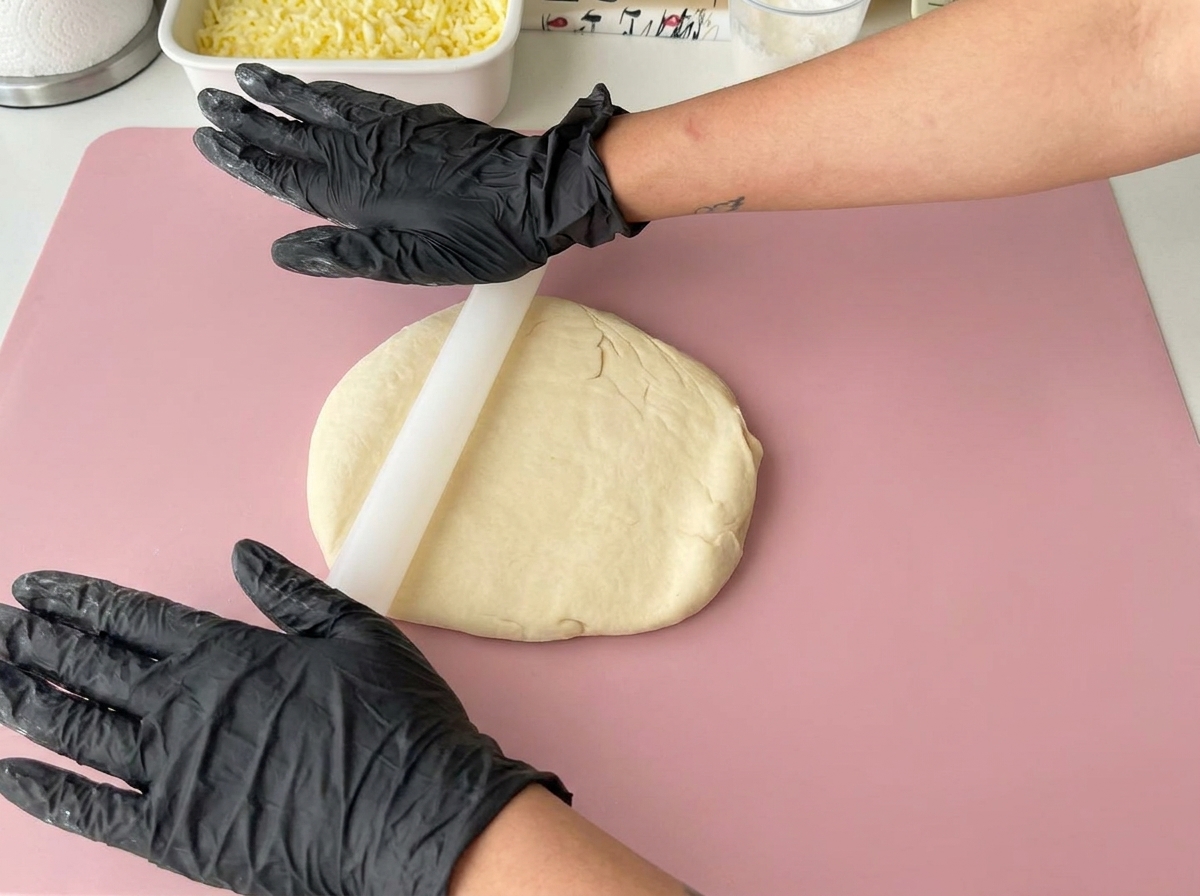 Dough being rolled out into a flat circle on a pink silicone mat.