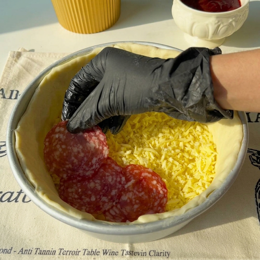 Salami slices being layered on top of the shredded cheese inside the mold.