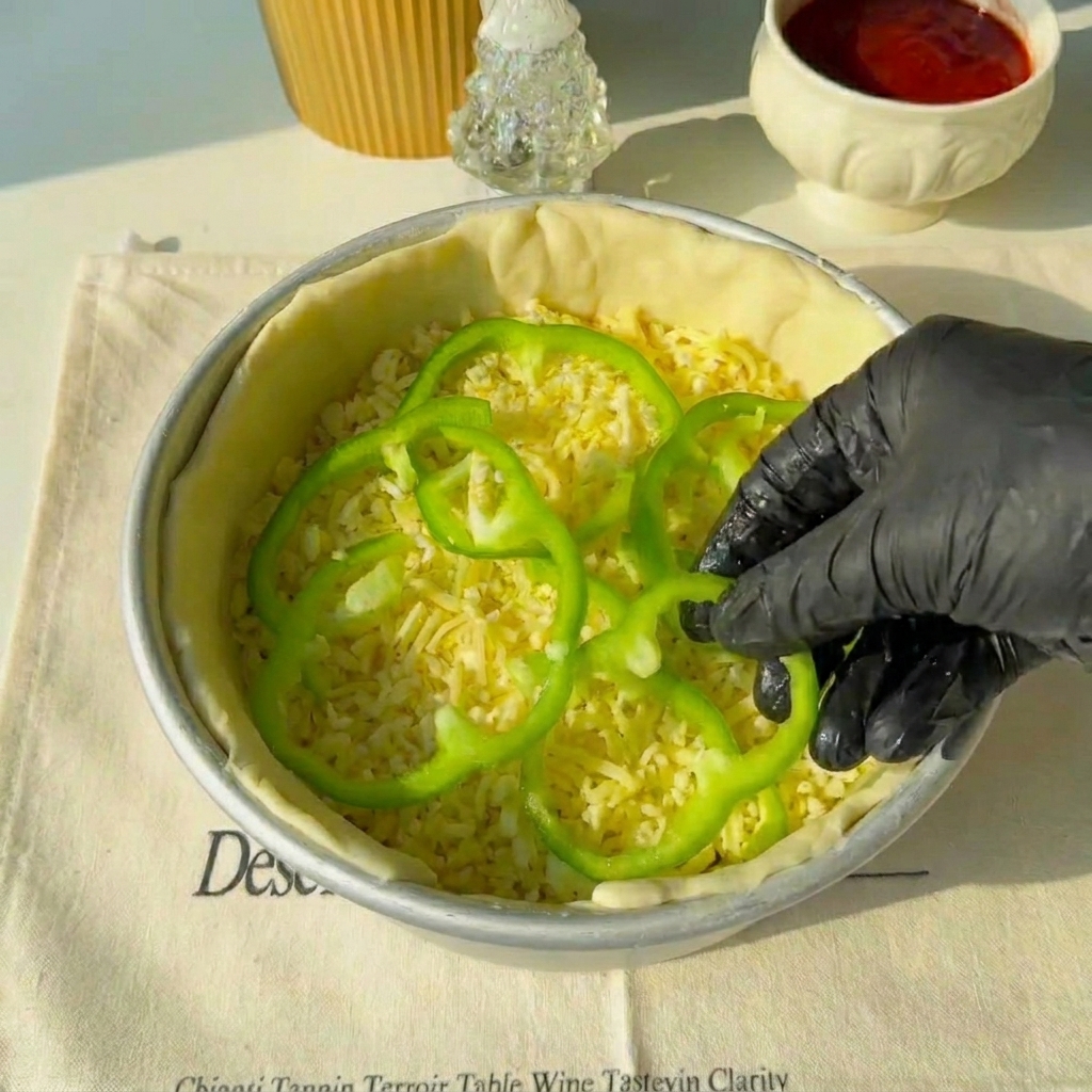 Green bell pepper rings being placed over the meat layers inside the mold.