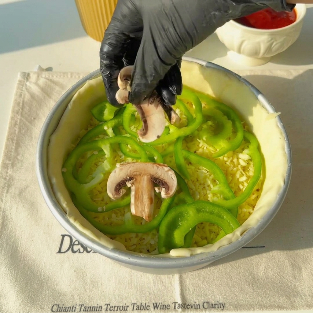 Fresh white mushroom slices being arranged on top of green bell pepper rings inside the pie crust.