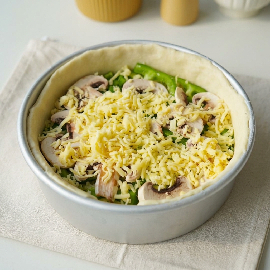 A thick, even layer of shredded cheese completely covering the pizza fillings.