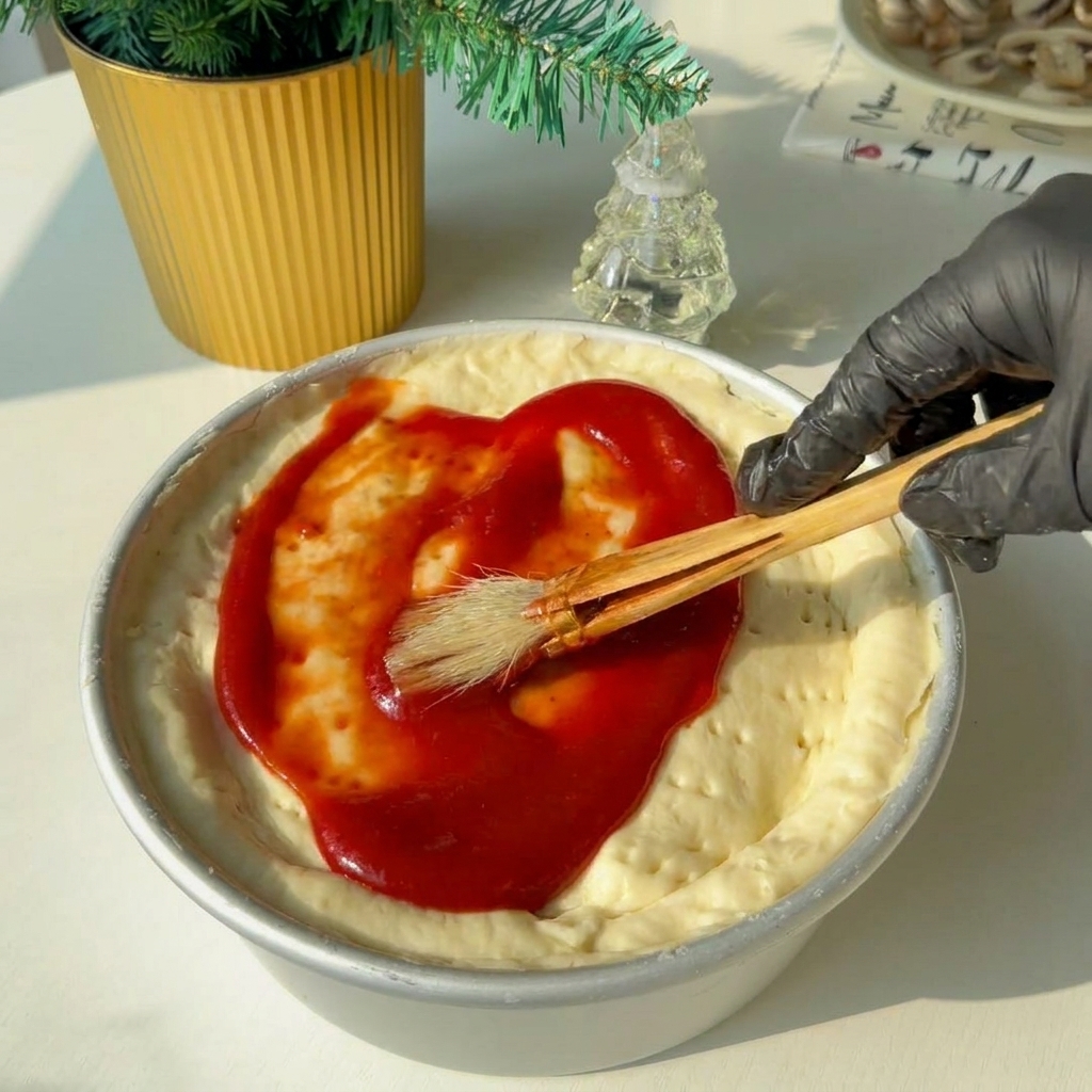 Red tomato sauce being applied to the top crust with a wooden pastry brush.