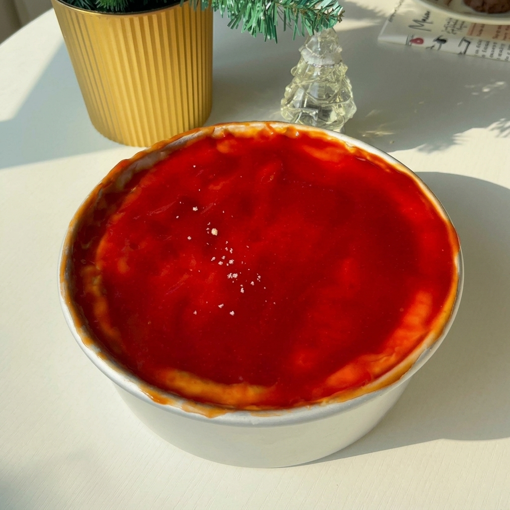 Cheese powder and black pepper being sprinkled over the tomato-sauce-covered pie.