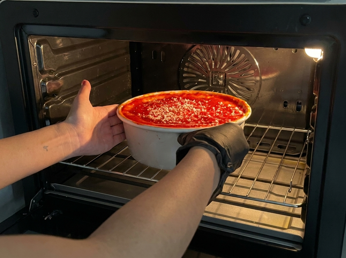 A deep-dish pizza pan being carefully slid onto the oven rack.