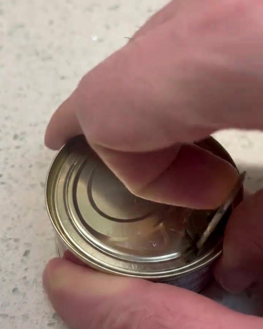 Two hands pulling the ring tab to open a metal can of tuna.