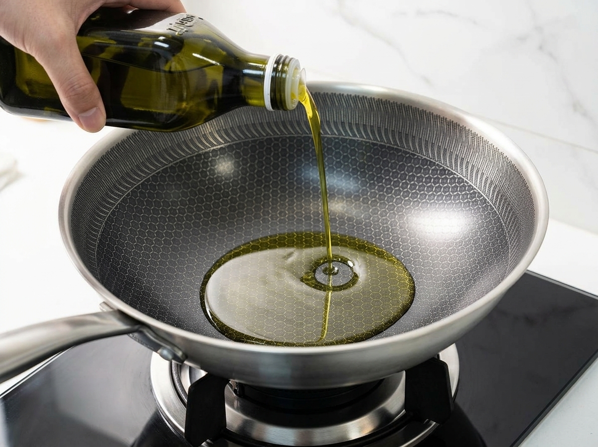 Hand pouring a steady stream of olive oil from a green bottle into a stainless steel pan.