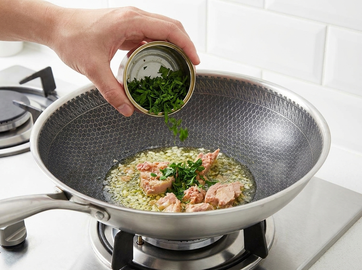 Tipping a handful of bright green chopped parsley into the pan with the cooked tuna.